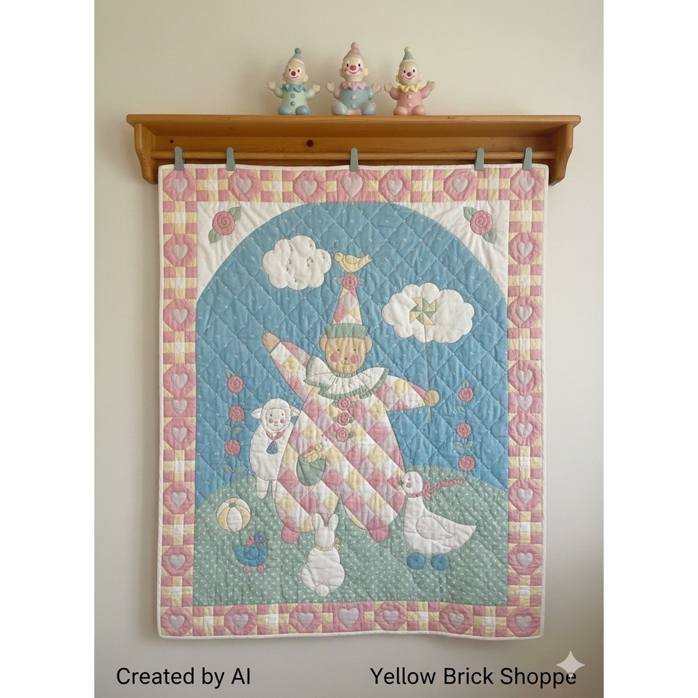 Vintage Hand Quilted Nursery Quilt Clown & Animals Pastel Crib Wall Hanging